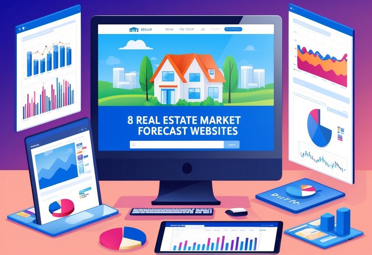 A computer screen displaying 8 real estate market forecast websites, surrounded by charts and graphs