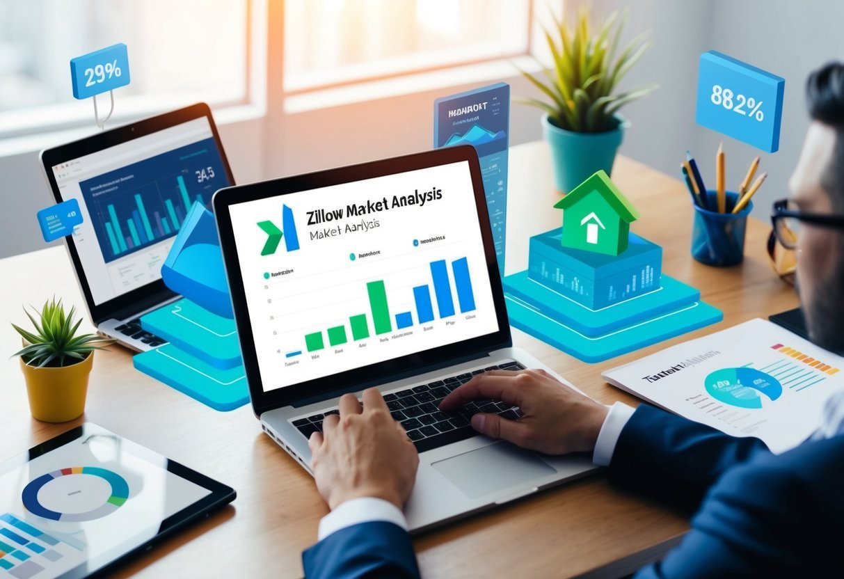 A laptop displaying Zillow Market Analysis surrounded by various real estate analytics platforms on a desk