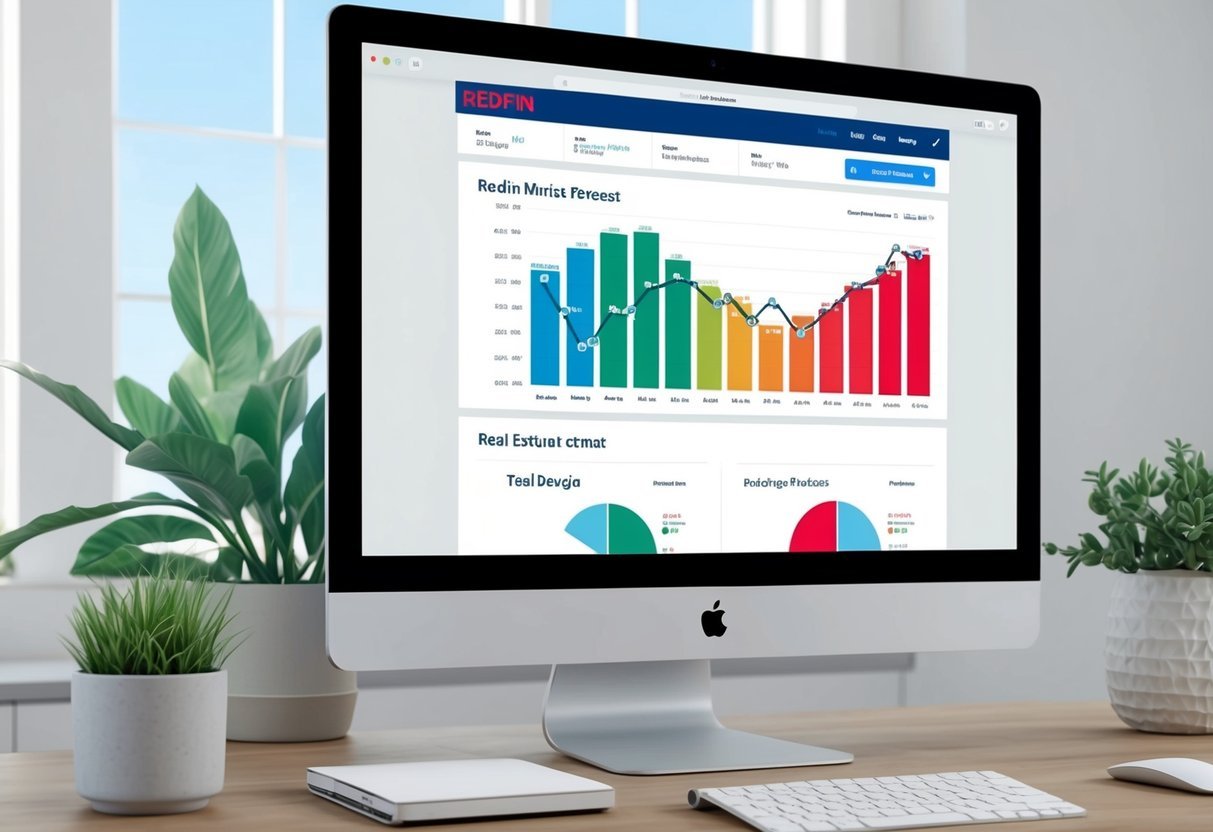 A computer screen displaying Redfin's website with real estate market forecast graphs and data