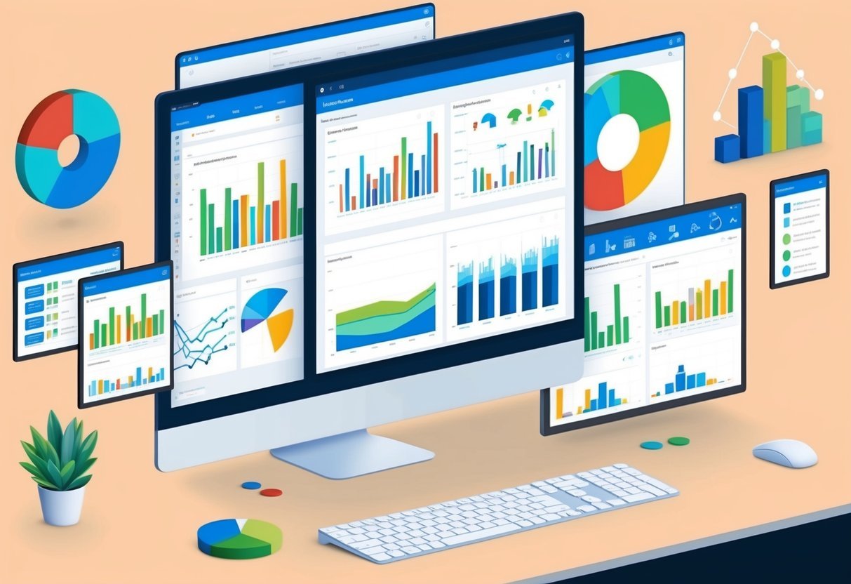 A computer screen with multiple real estate market analytics platforms open, surrounded by charts, graphs, and data visualizations