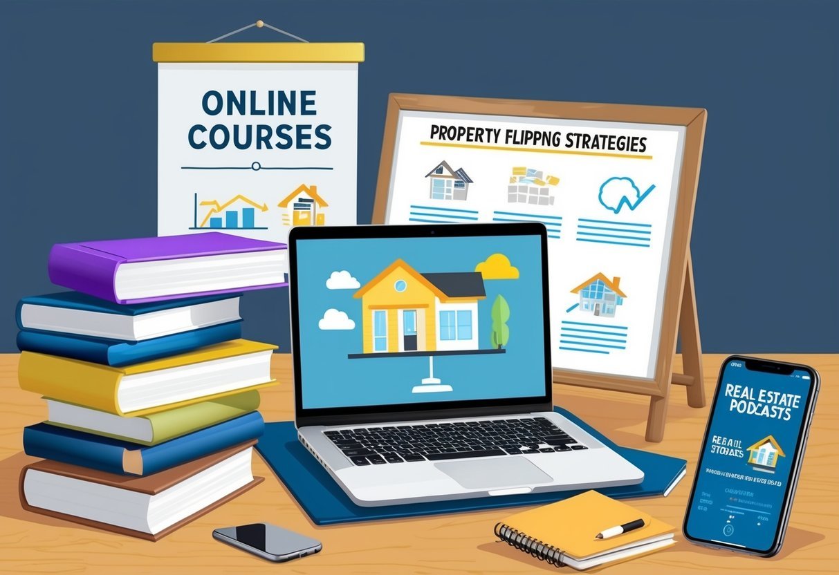 A stack of real estate books, a laptop with online courses, a whiteboard with property flipping strategies, a notebook with notes, and a smartphone with real estate podcasts