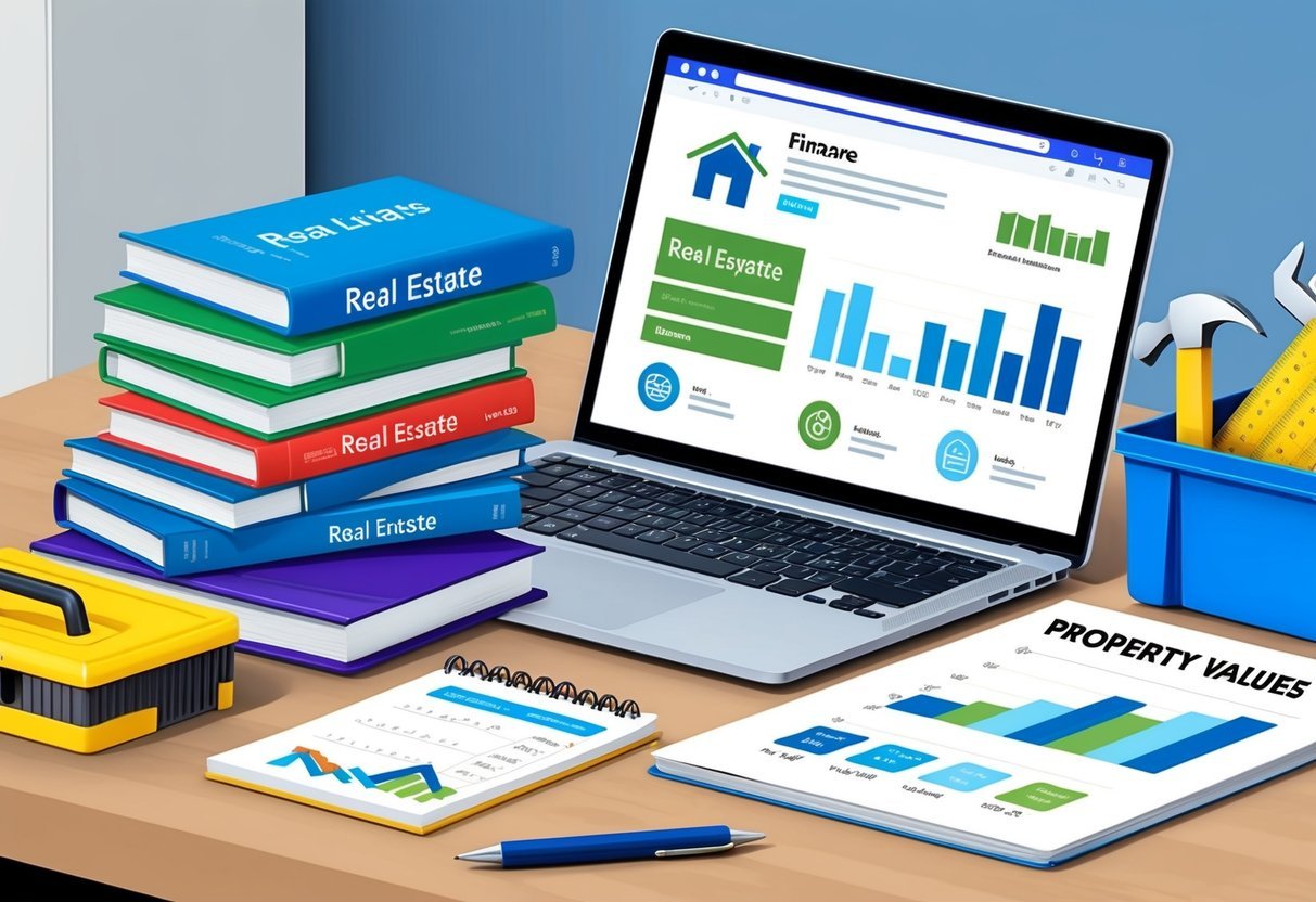 A stack of books on real estate, a laptop open to a finance website, a notepad with calculations, a toolbox, and a chart of property values