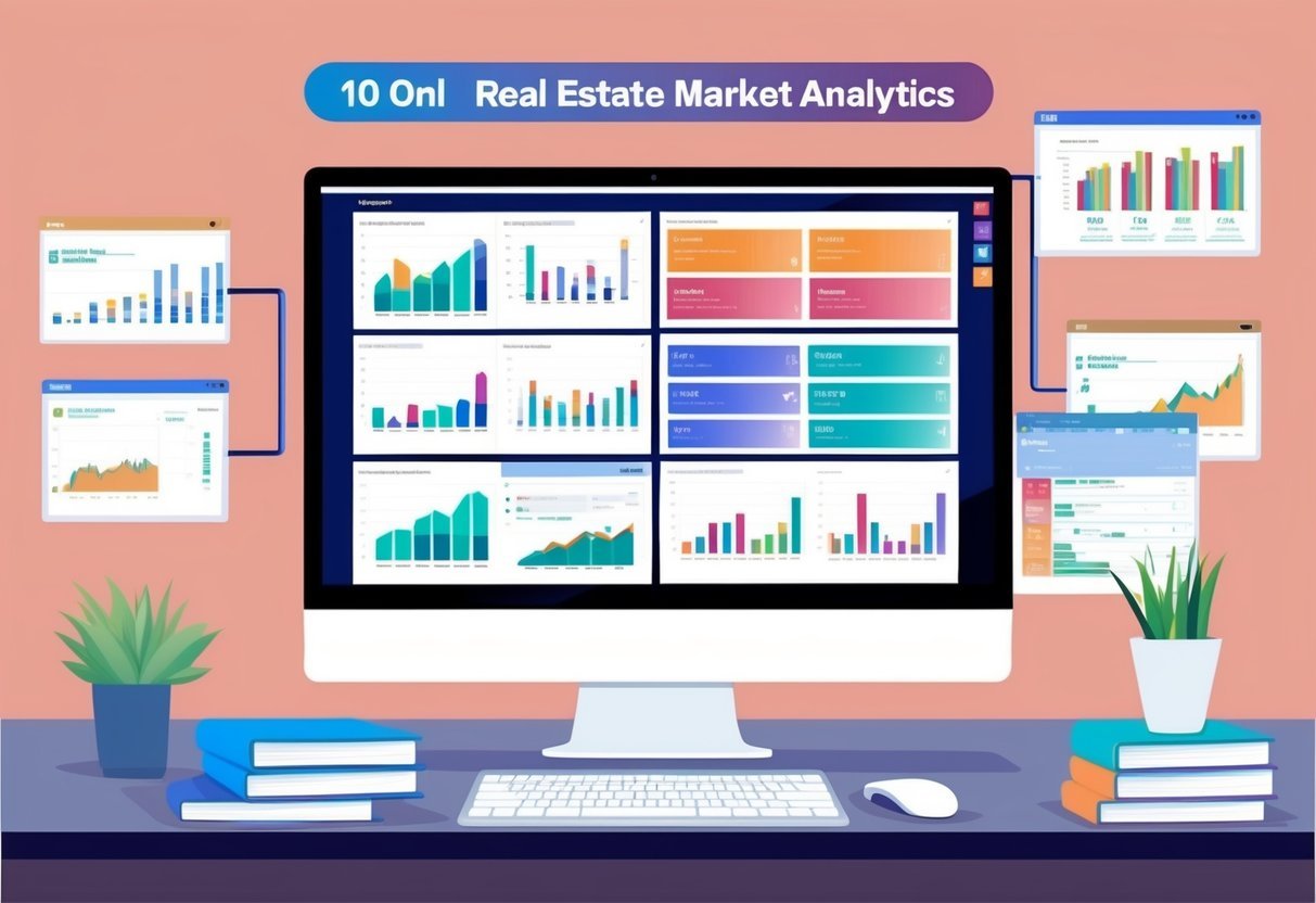 A computer screen displaying 10 different online platforms for real estate market analytics, with various charts and graphs showing housing data