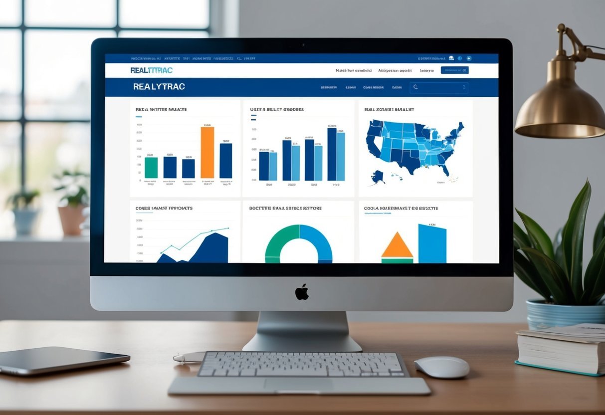 A computer screen displaying RealtyTrac's website with charts, graphs, and maps showing real estate market forecasts