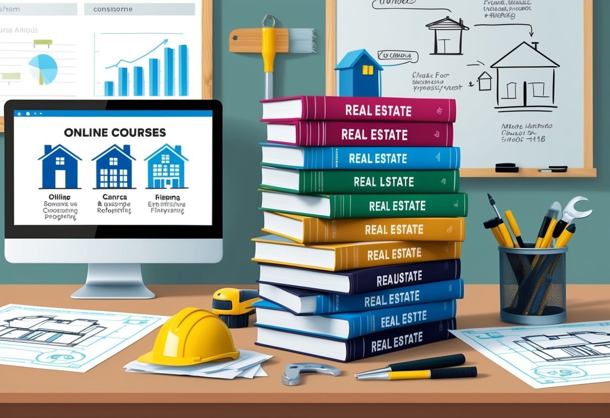 A stack of real estate books surrounded by construction tools and blueprints.</p><p>A computer with online courses on property flipping.</p><p>A whiteboard with diagrams and notes