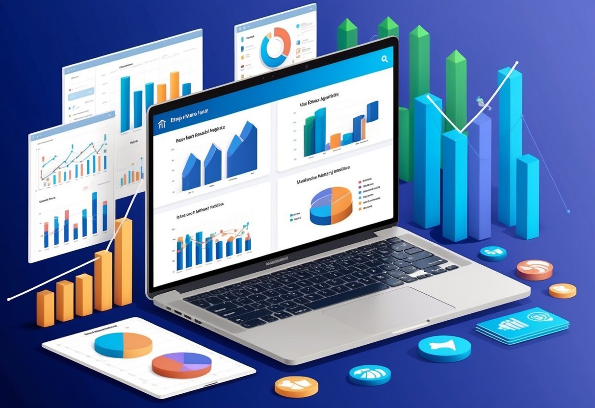 A laptop displaying various real estate market analytics platforms, surrounded by charts and graphs