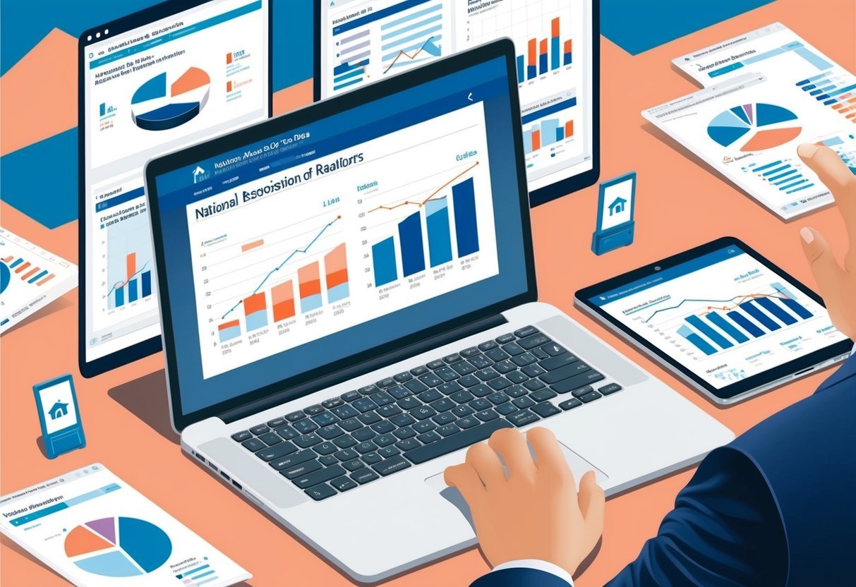 A laptop displaying graphs and charts from the National Association of Realtors' website, surrounded by real estate market data and analysis