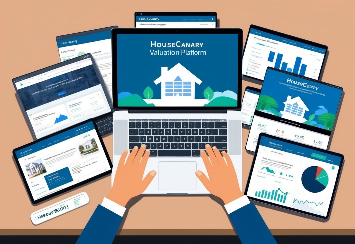 A laptop displaying HouseCanary Valuation platform surrounded by various real estate market analytics websites on a desk