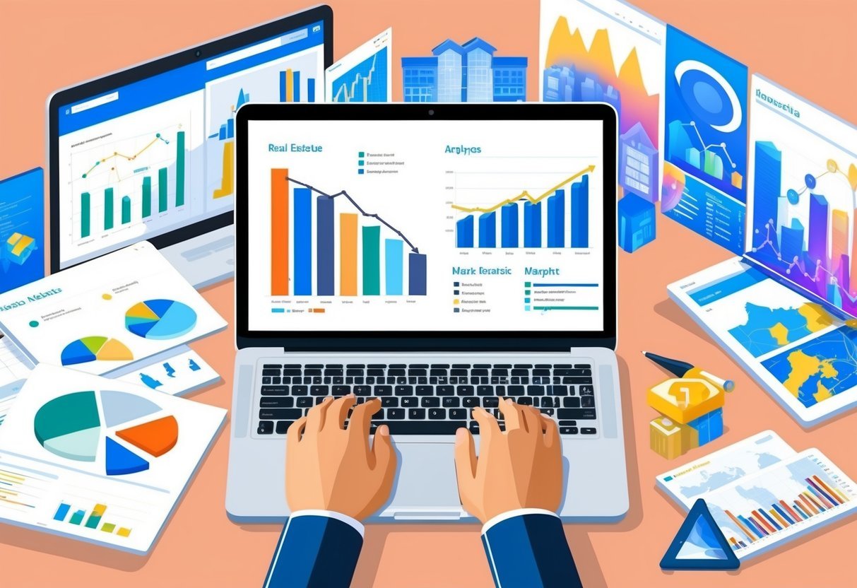 A laptop surrounded by graphs, charts, and maps, displaying real estate market analytics