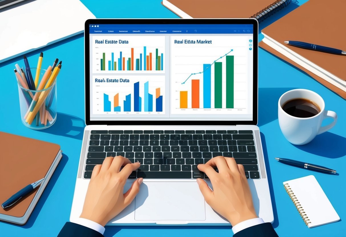 A laptop displaying charts and graphs of real estate market data from various websites, surrounded by a desk with pens, notebooks, and a cup of coffee