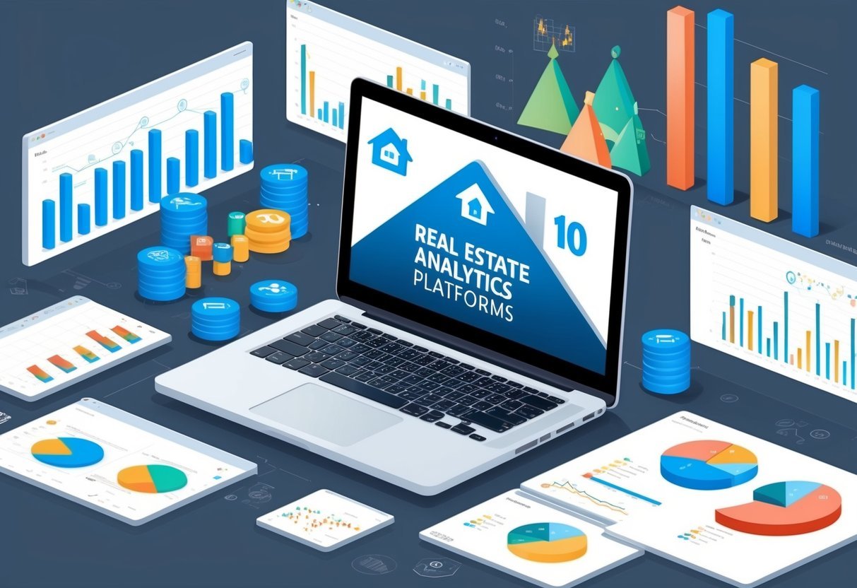 A laptop displaying 10 real estate analytics platforms surrounded by charts and graphs