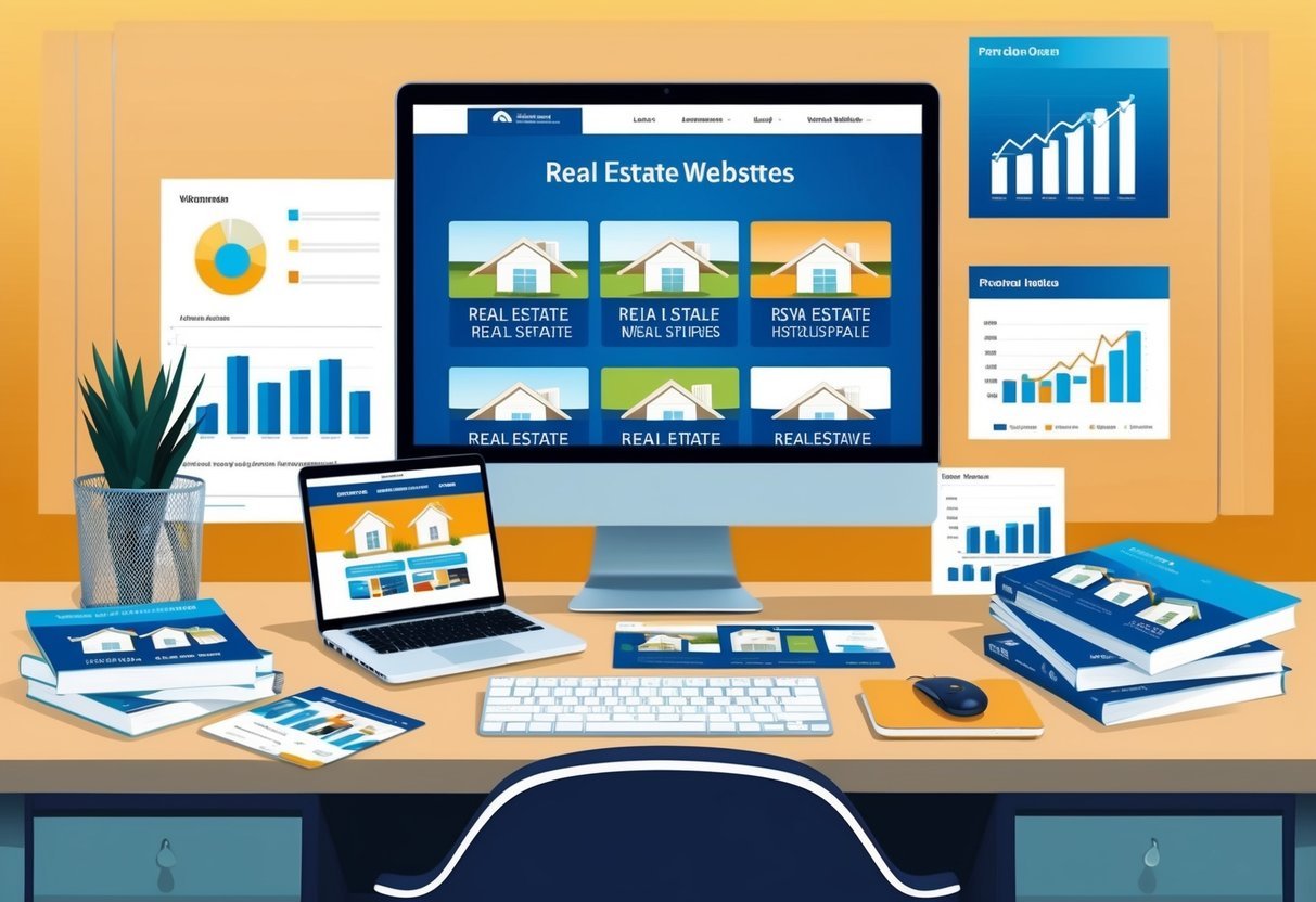 A desk with a computer displaying 8 real estate websites, surrounded by charts and graphs