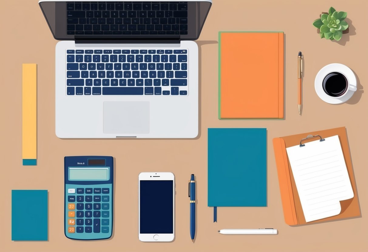 Laptop, notebooks, calculator, phone, and coffee on a desk