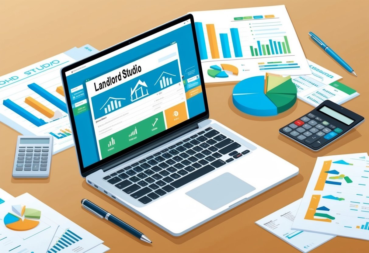 A desk with a laptop displaying Landlord Studio, surrounded by charts, graphs, and financial documents.</p><p>A calculator and pen sit nearby