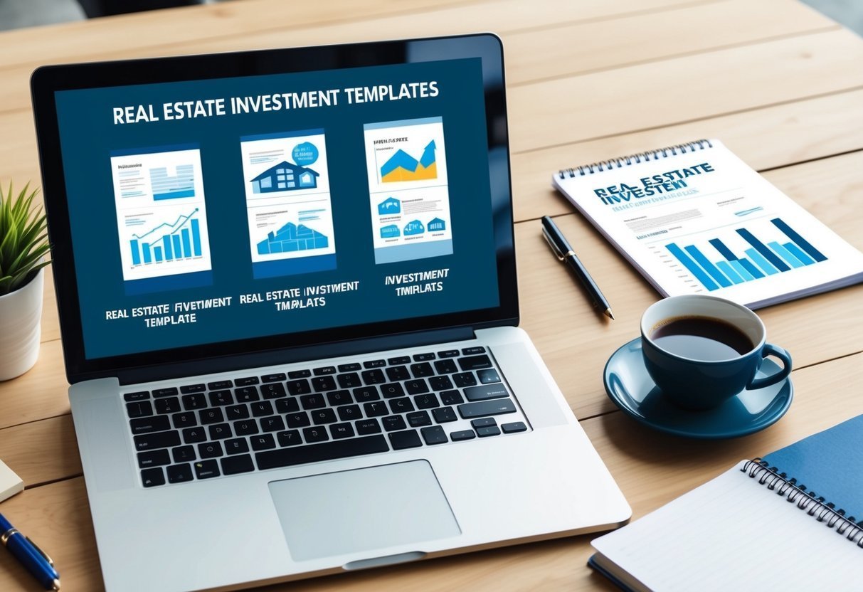 Laptop displaying real estate investment templates, with coffee and notepad on desk