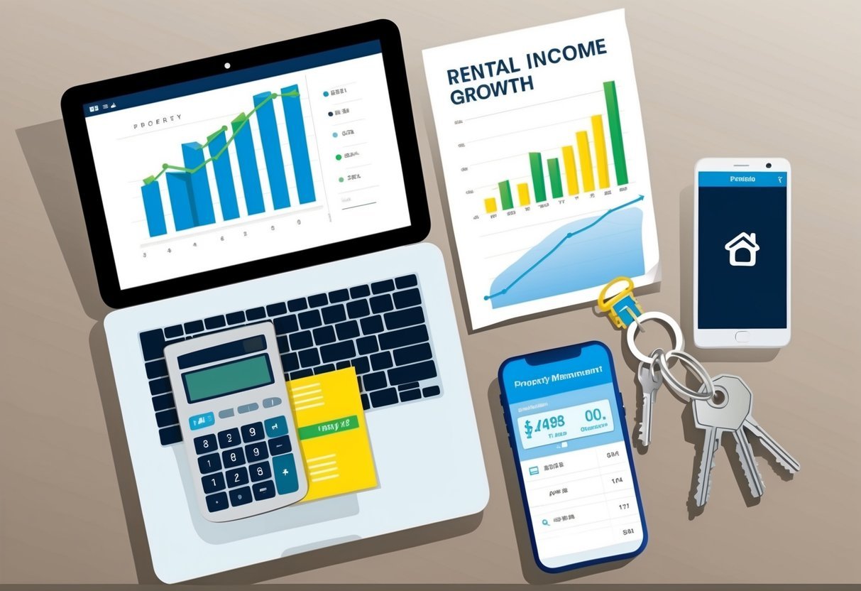 A desk with a laptop, calculator, and financial documents.</p><p>A graph showing rental income growth.</p><p>A keychain with property keys.</p><p>A smartphone displaying property management app