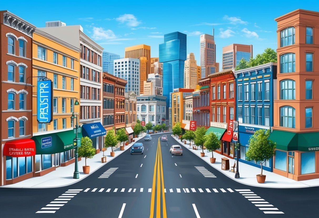 Cartoon illustration of a city street with colorful buildings and cars