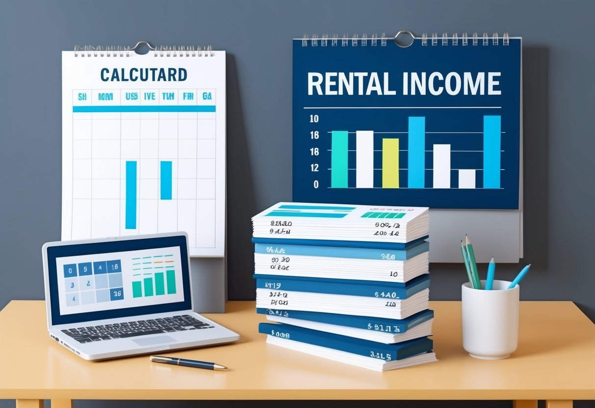 A desk with a laptop, calculator, charts, and graphs.</p><p>A stack of rental income documents and a pen.</p><p>A wall calendar with marked dates