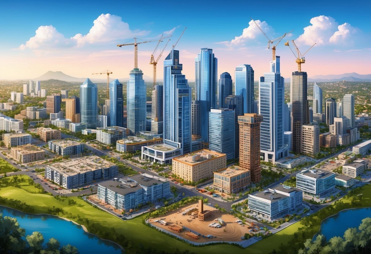 A bustling city skyline with various real estate properties and construction sites, surrounded by a mix of urban and natural landscapes