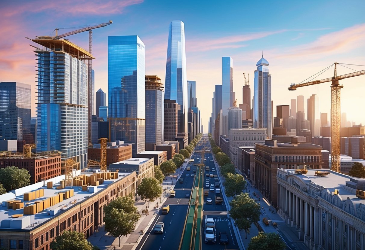 A bustling city street with skyscrapers and construction sites, showcasing the potential for real estate development in Opportunity Zones