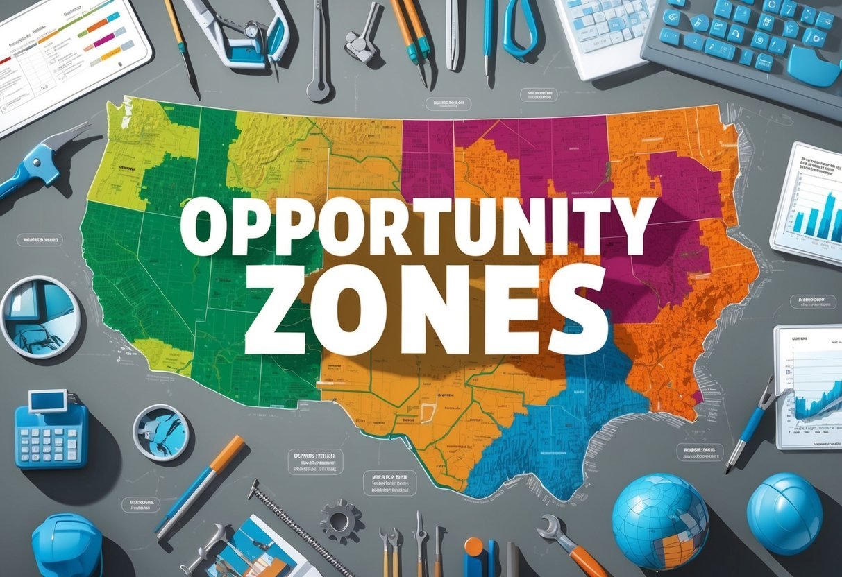 A map of Opportunity Zones surrounded by real estate resources and tools