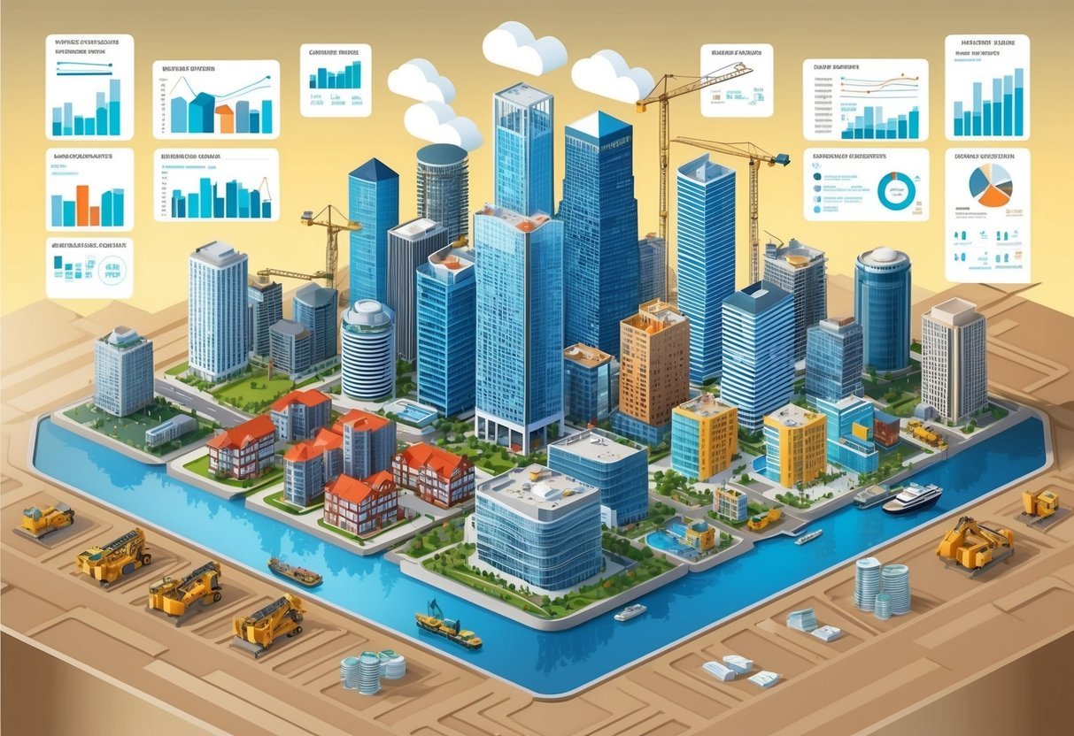 A bustling city skyline with various real estate properties and construction sites, surrounded by informational resources and data charts