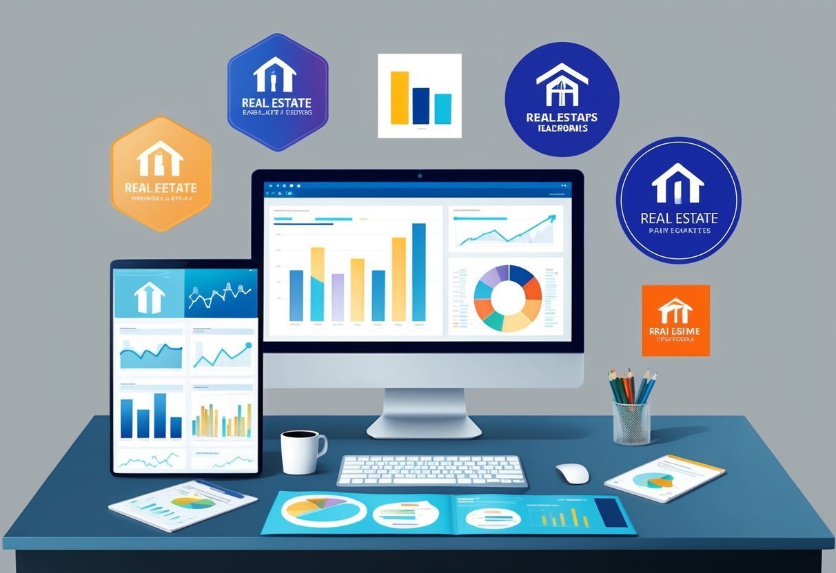 Desk with computer, tablet, and real estate logos displaying charts and graphs