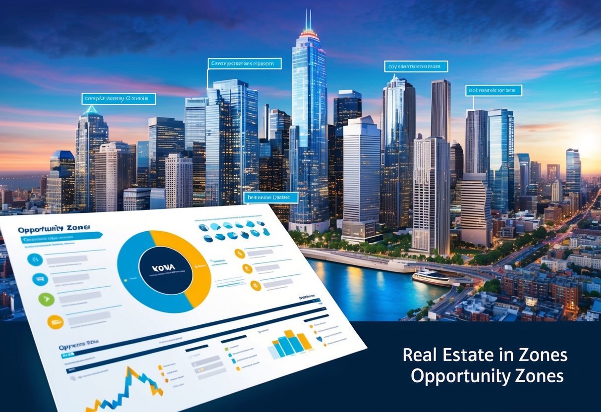 A bustling city skyline with various real estate properties highlighted, while a map or infographic of Opportunity Zones is displayed in the foreground