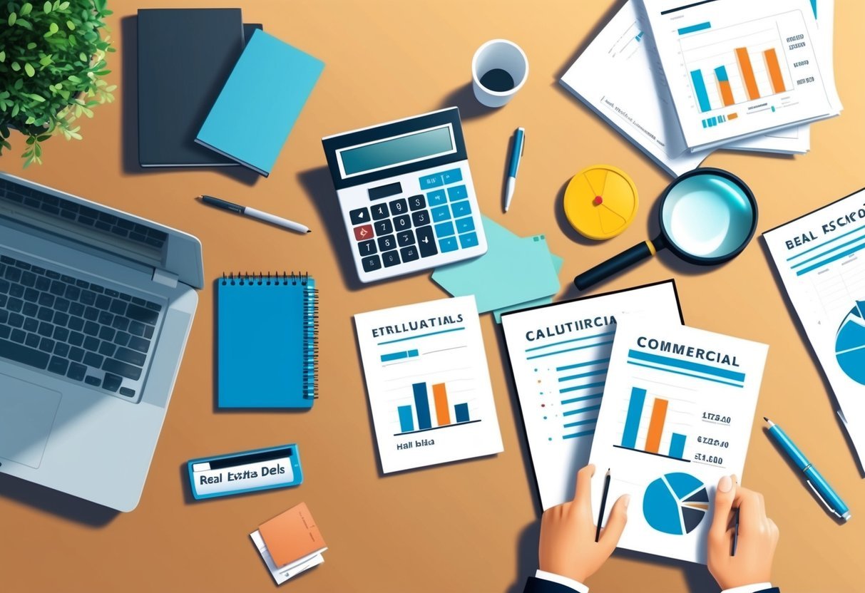 A desk with a laptop, calculator, notepad, pen, magnifying glass, and documents spread out for evaluating commercial real estate deals