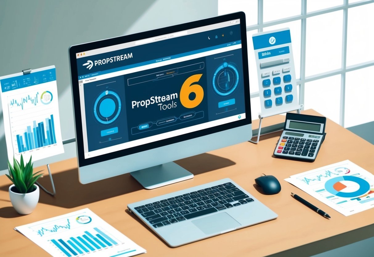 A desk with a computer displaying PropStream 6 tools, surrounded by papers, charts, and a calculator