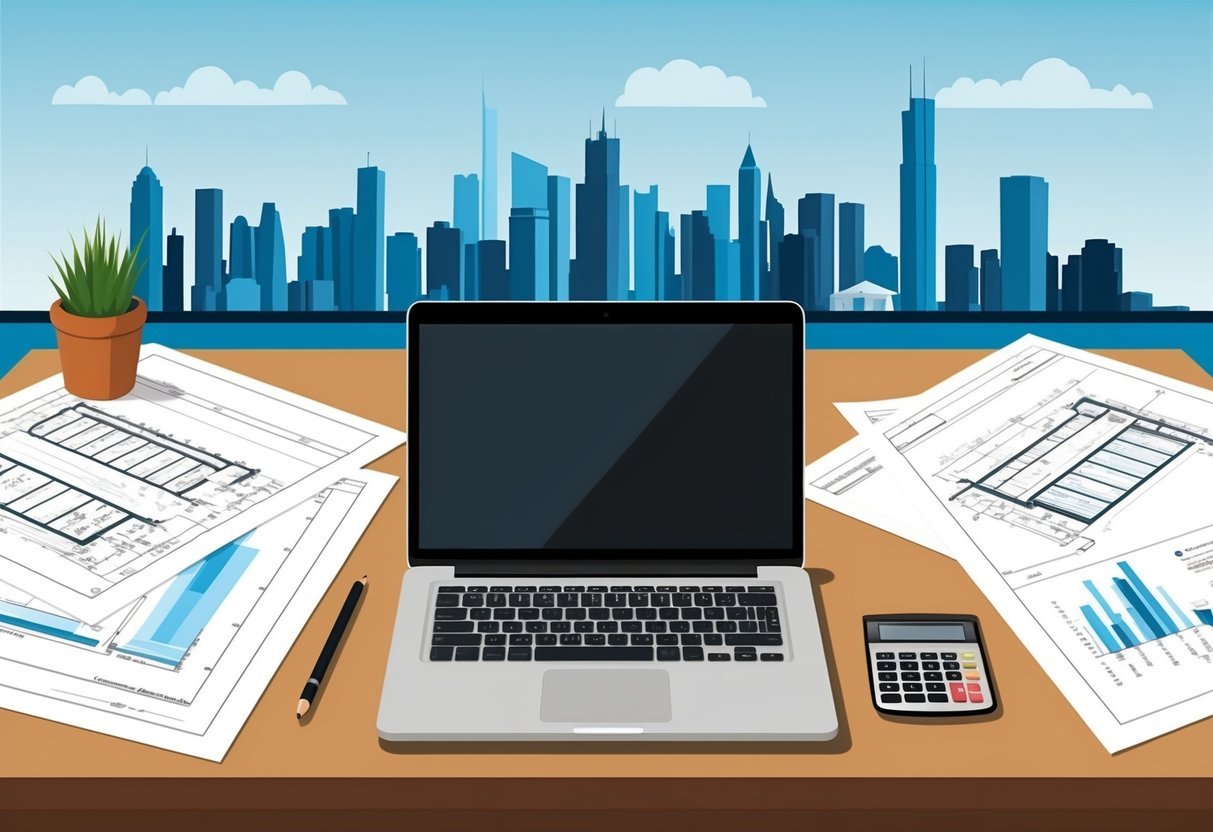 A desk with a laptop, calculator, and papers, surrounded by architectural blueprints and a city skyline in the background