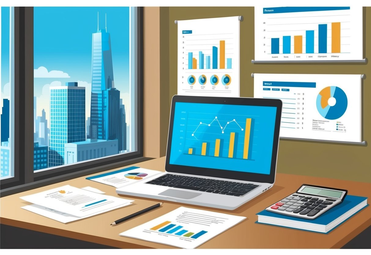 A desk with a laptop, calculator, and documents.</p><p>A city skyline visible through a window.</p><p>Graphs and charts on the wall