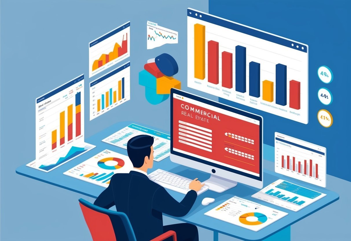 A commercial real estate broker analyzing property data and market trends on a computer, surrounded by charts, graphs, and financial reports