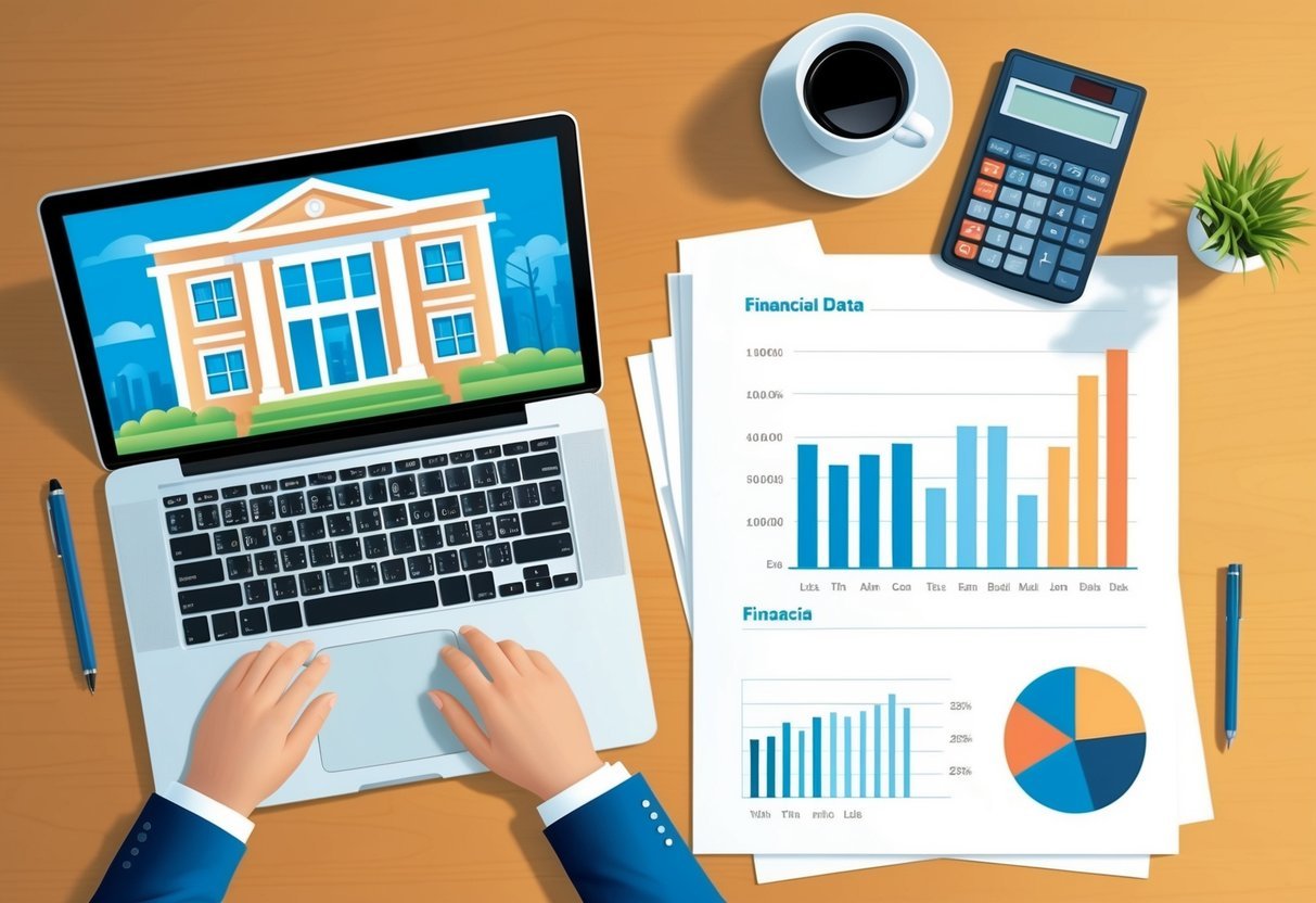 A desk with a laptop, calculator, and papers.</p><p>A blueprint of a building and a graph showing financial data