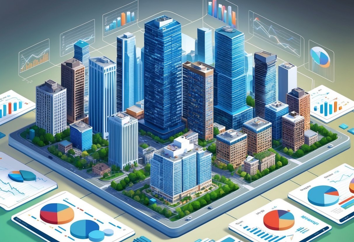 A bustling city skyline with various commercial real estate properties, surrounded by graphs, charts, and financial analysis tools