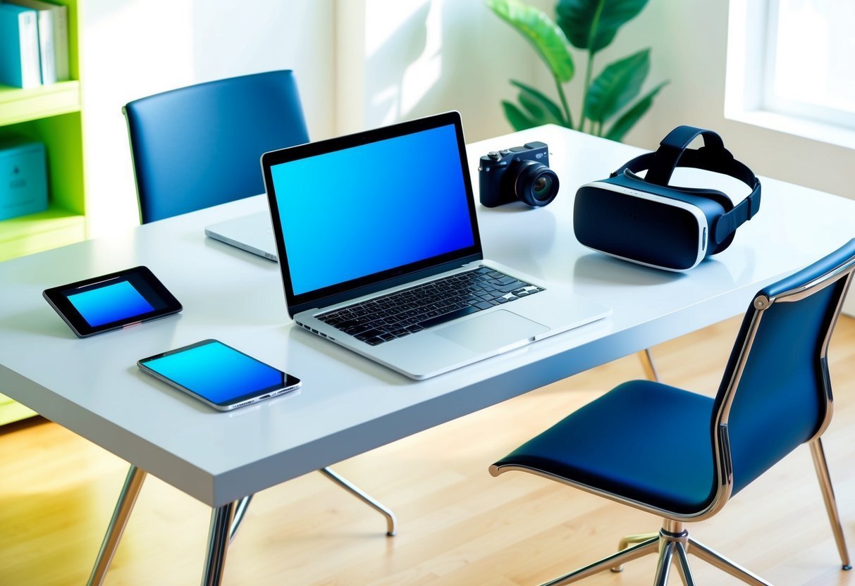 Laptop, tablets, camera, and VR headset on a white desk