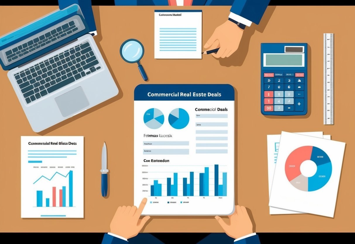 An office desk with a laptop, calculator, ruler, magnifying glass, and documents related to commercial real estate deals