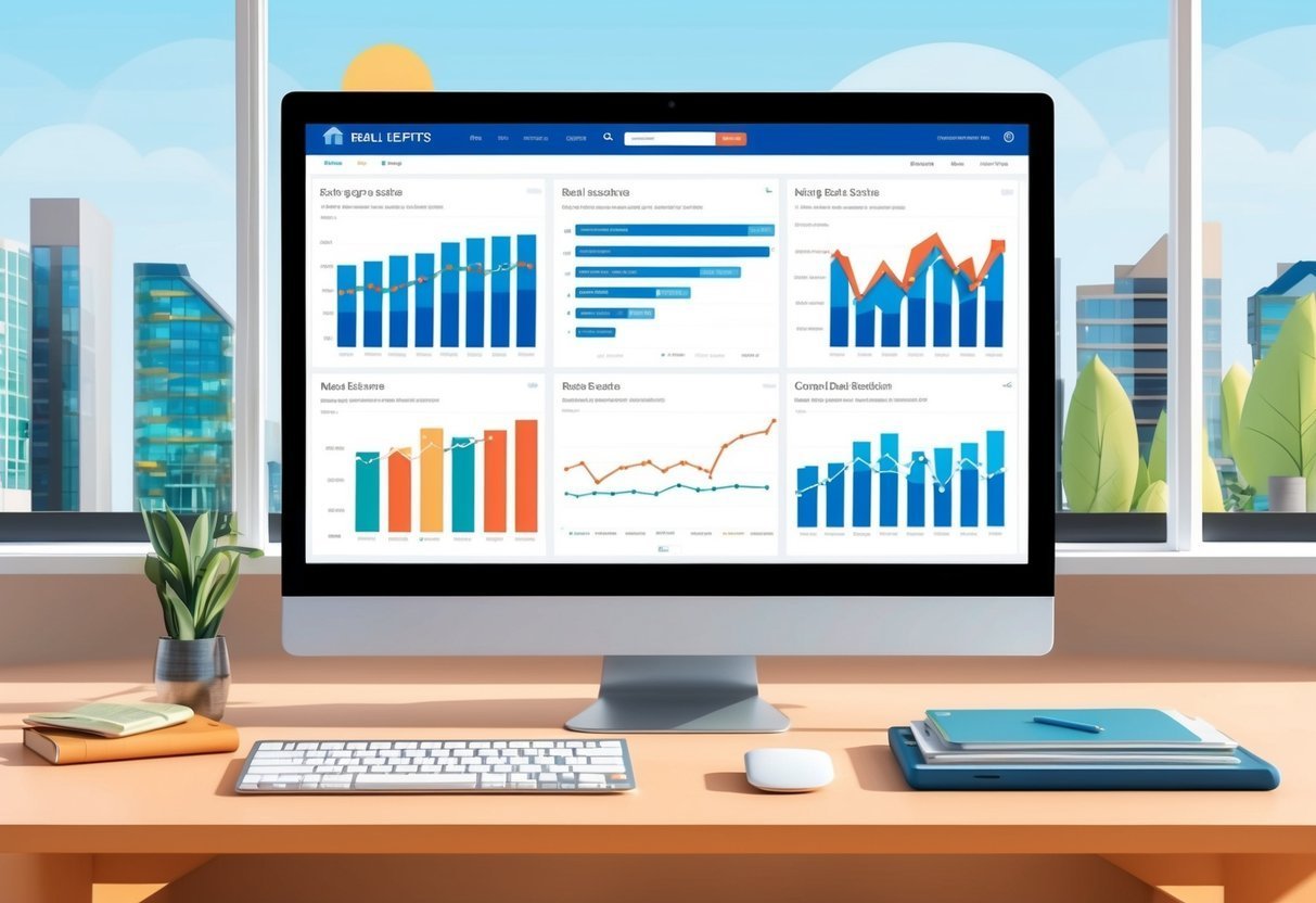 Computer monitor displaying financial charts on a desk with a city view