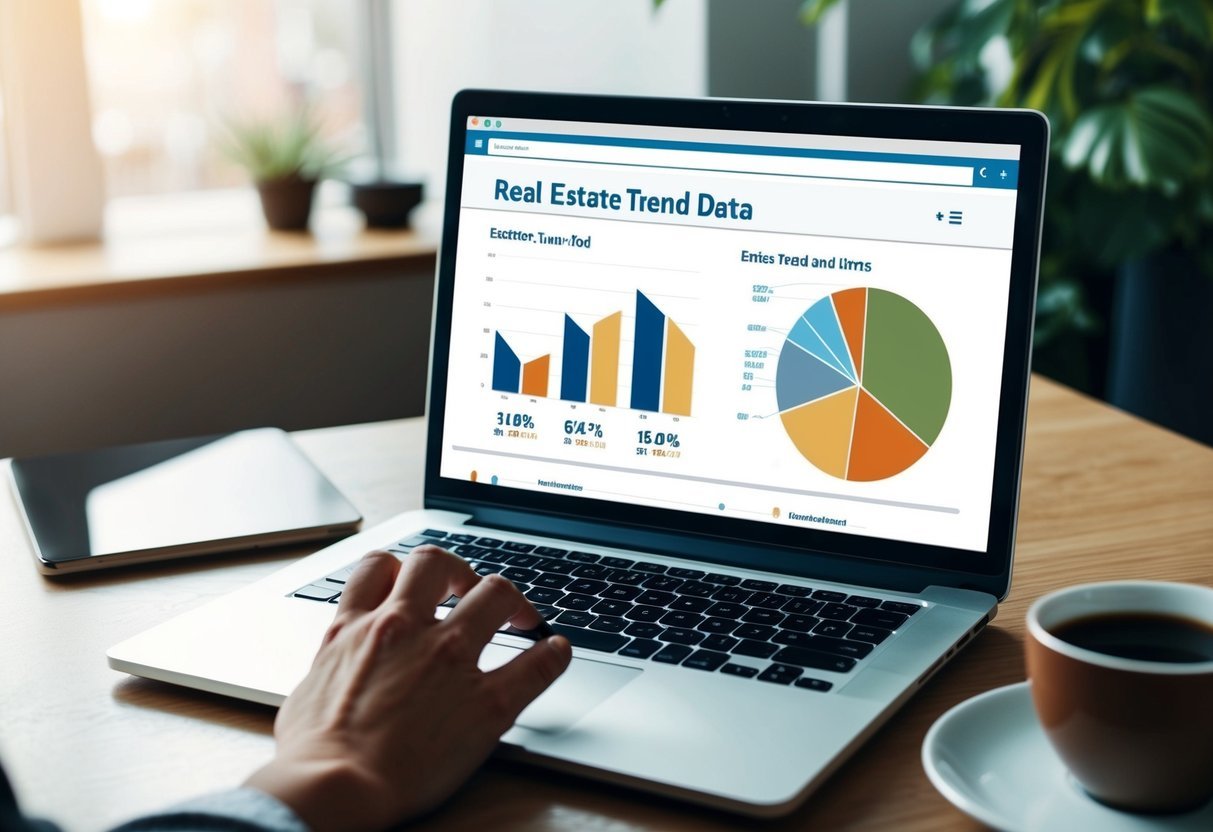 A laptop open on a desk, displaying a webpage with real estate trend data and charts.</p><p>A cup of coffee sits nearby