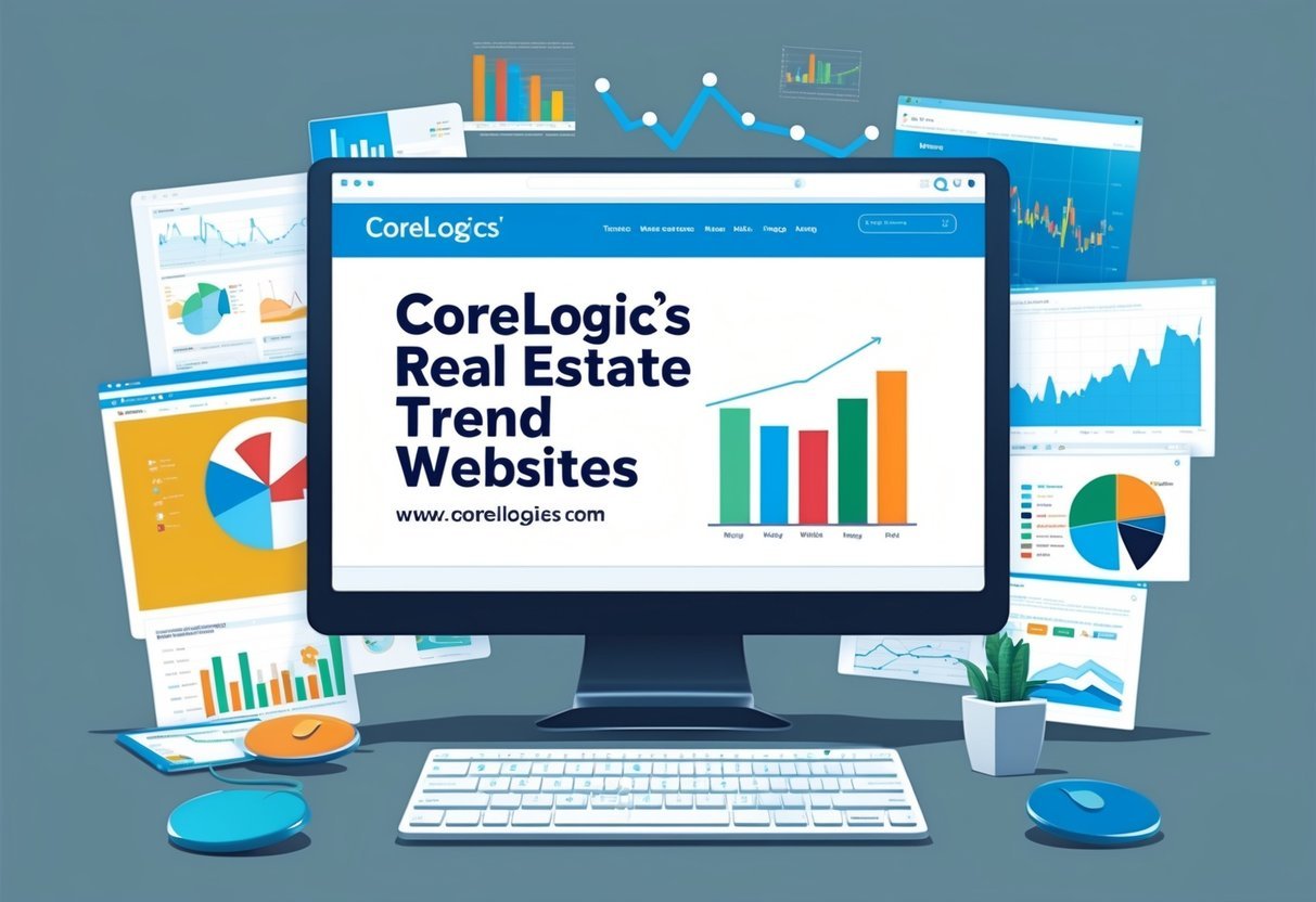 A computer screen displaying CoreLogic's 7 best real estate trend websites, surrounded by charts, graphs, and maps