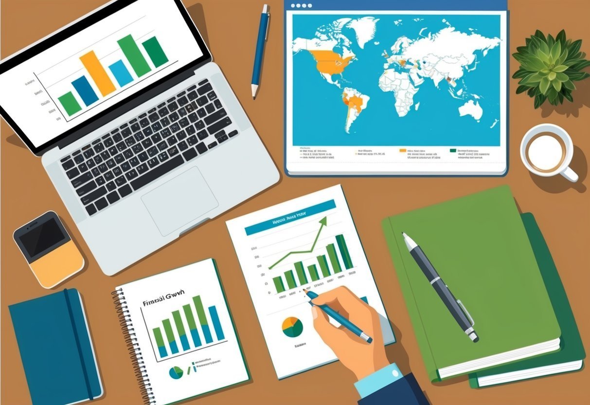 Overhead view of a desk with laptop, charts, world map, and coffee