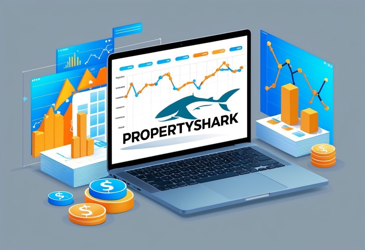 A laptop surrounded by real estate graphs and charts, with the PropertyShark logo displayed on the screen