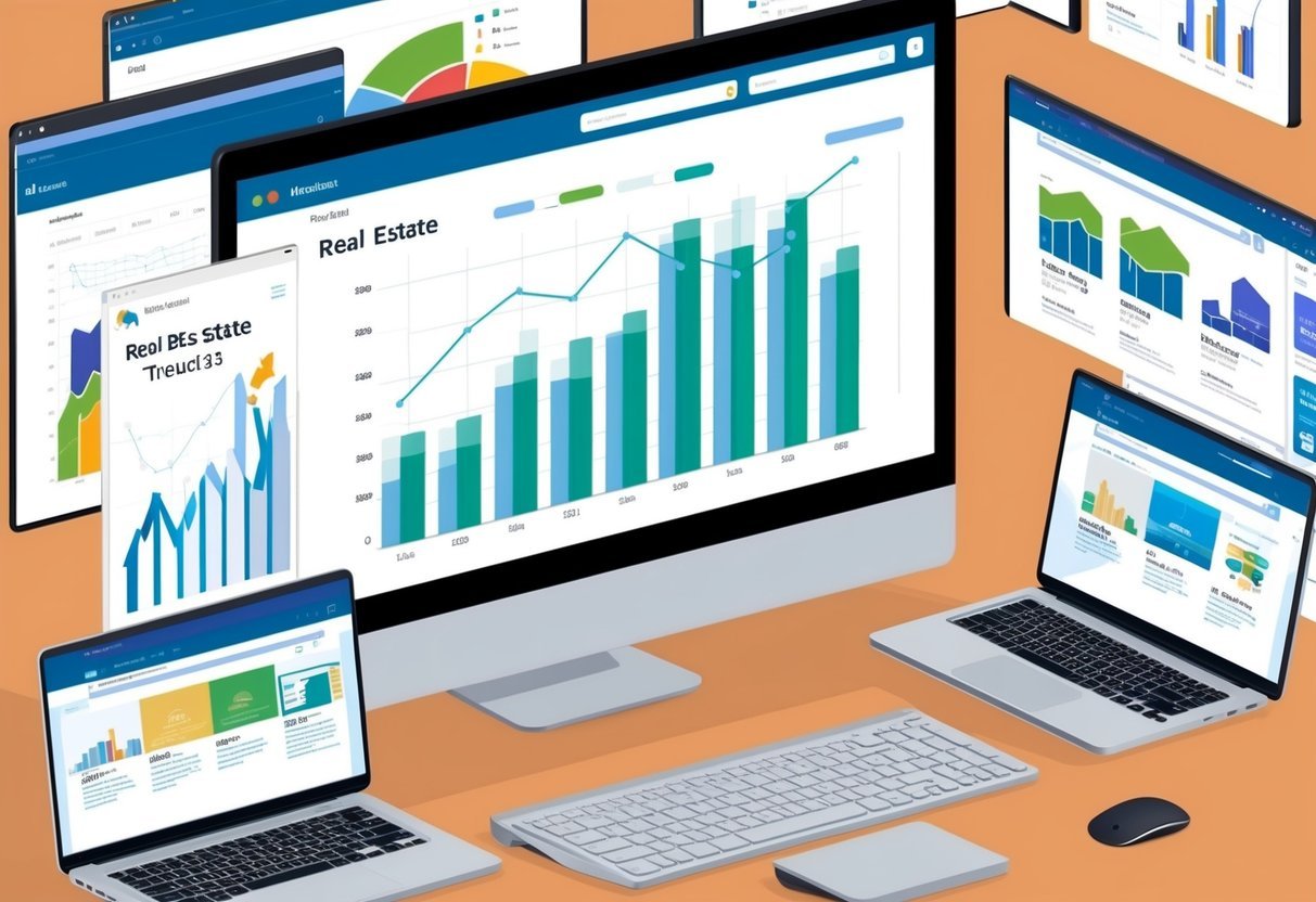 A computer screen displaying graphs and charts of real estate data, surrounded by open web browsers showing various real estate trend websites