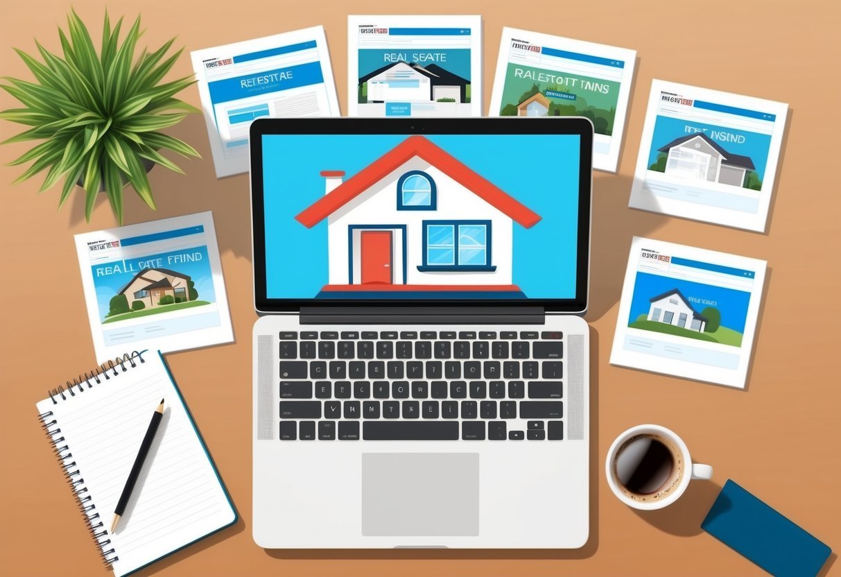 A laptop surrounded by real estate trend websites on a desk with a cup of coffee and a notepad