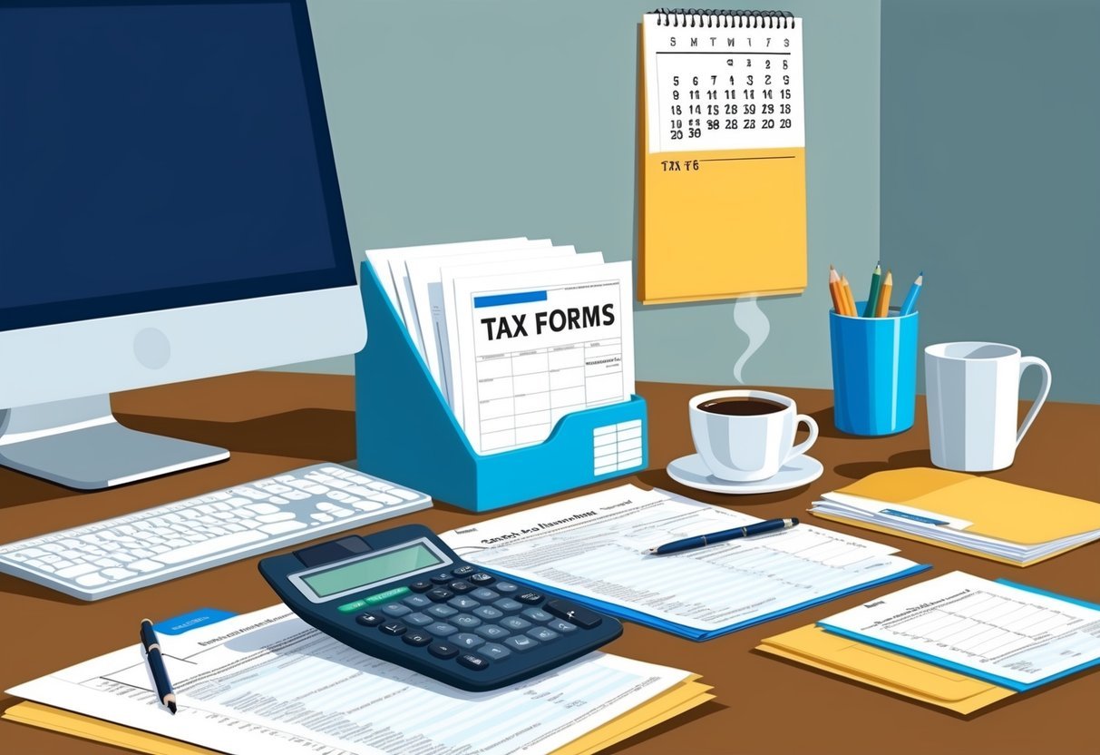 A desk with a computer, calculator, tax forms, folders, and a cup of coffee.</p><p>A calendar on the wall shows the approaching tax deadline