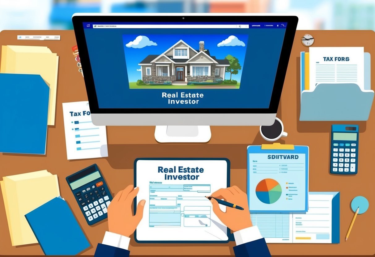 A desk with a computer displaying real estate investor software, surrounded by files, a calculator, and tax forms