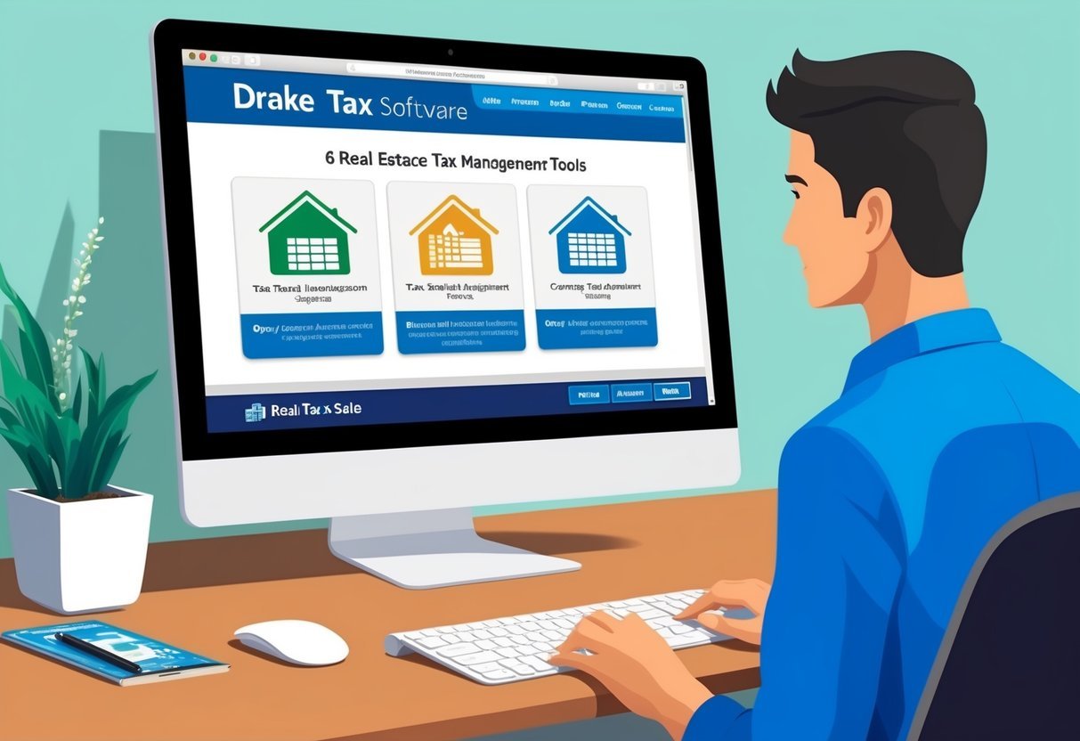 A computer screen with Drake Tax Software open, displaying 6 real estate tax management tools