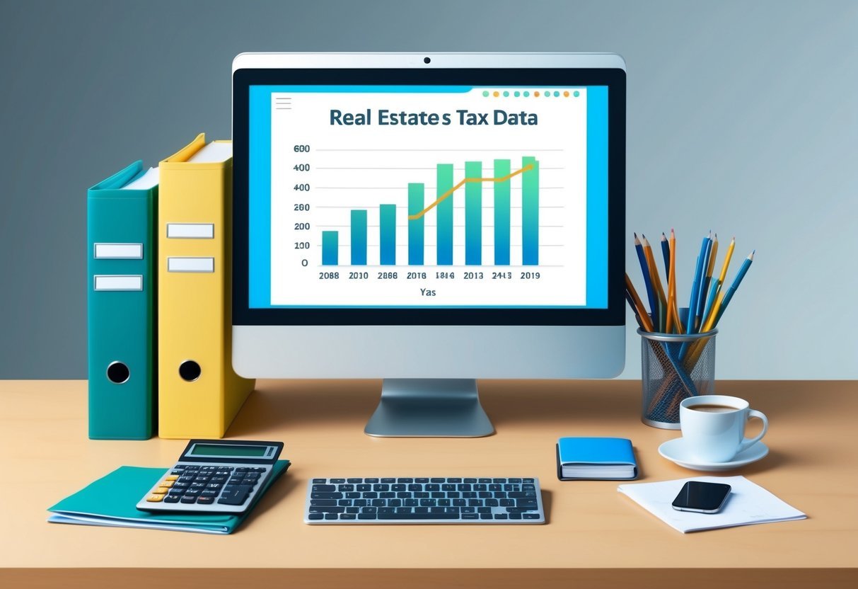 An organized desk with a computer, calculator, files, and a cup of coffee.</p><p>A chart showing real estate tax data is displayed on the computer screen