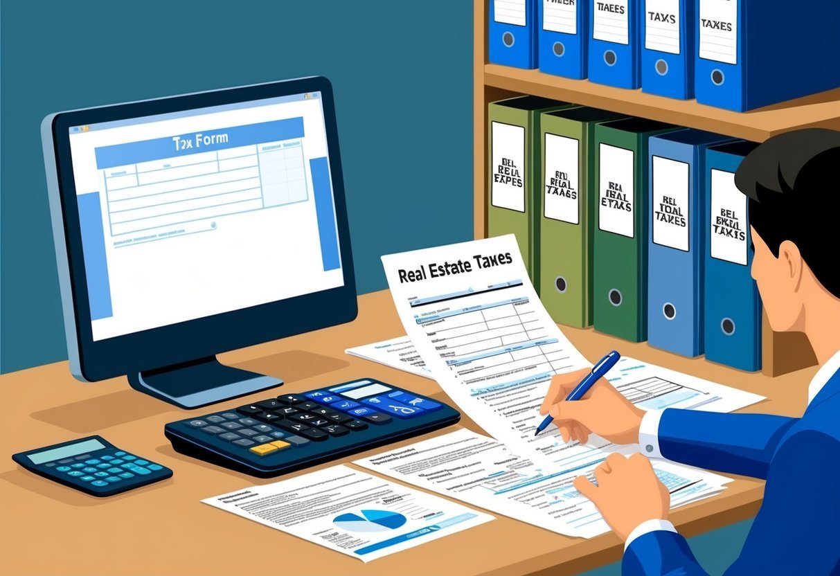 A desk with a computer, calculator, paperwork, and tax forms.</p><p>A bookshelf with binders labeled "Real Estate Taxes." A person using a pen to fill out forms