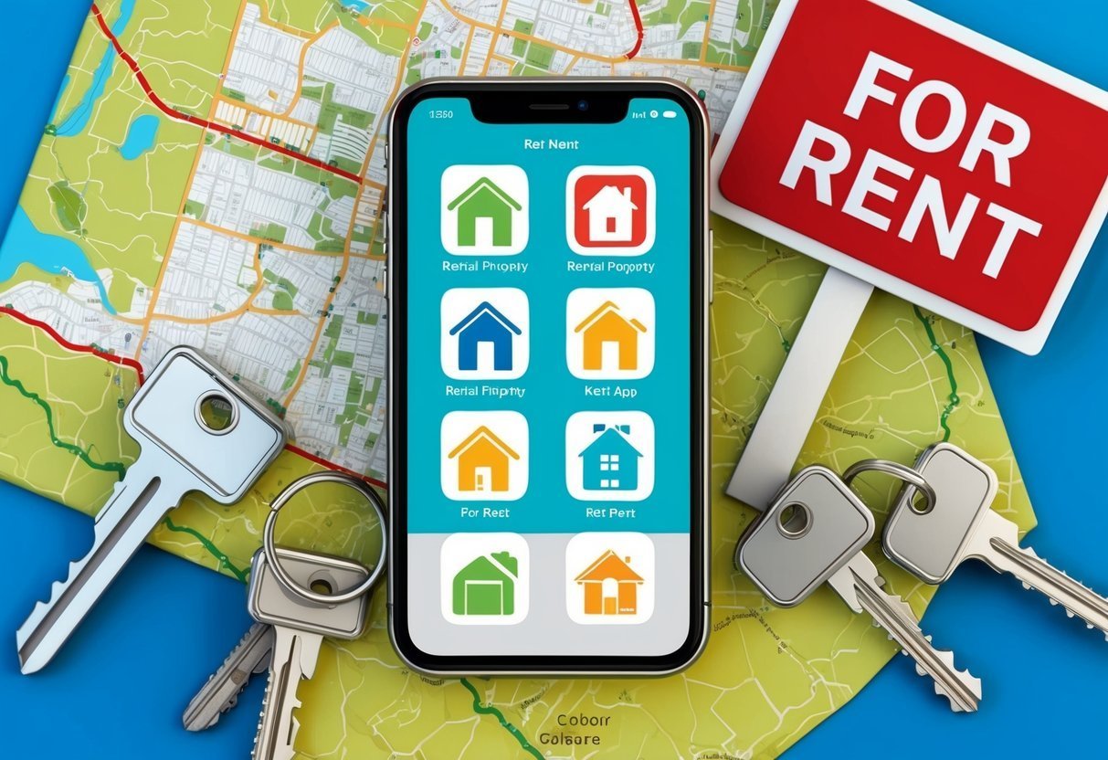 Smartphone with rental app, keys, map, and "For Rent" sign